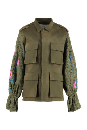 TULIZÉ Green Floral Embroidered Jacket with Knit Sleeves for Women SS23