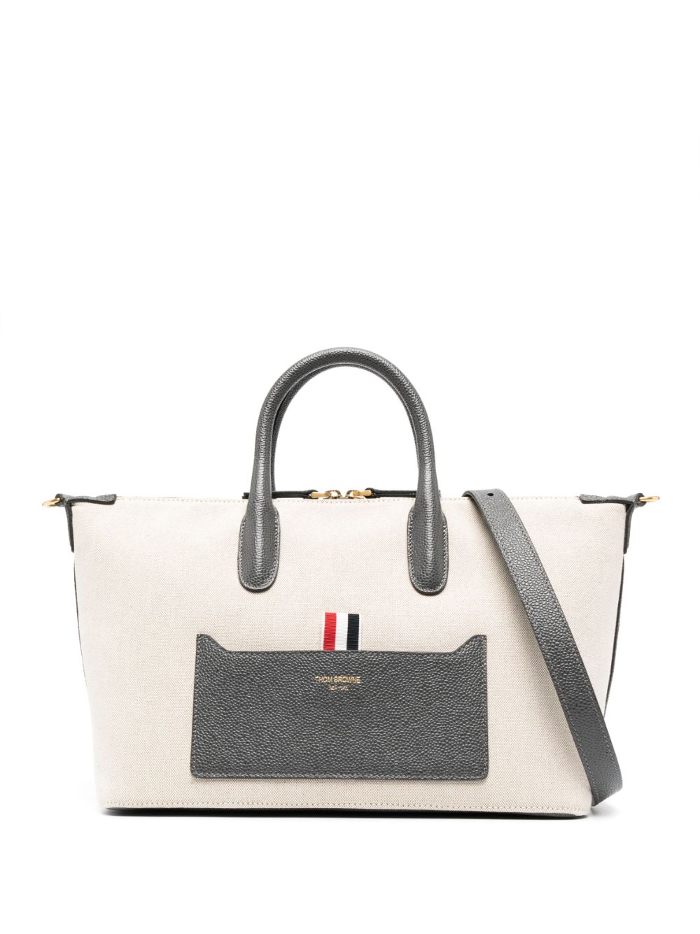 THOM BROWNE Beige Logo Print Tote Handbag