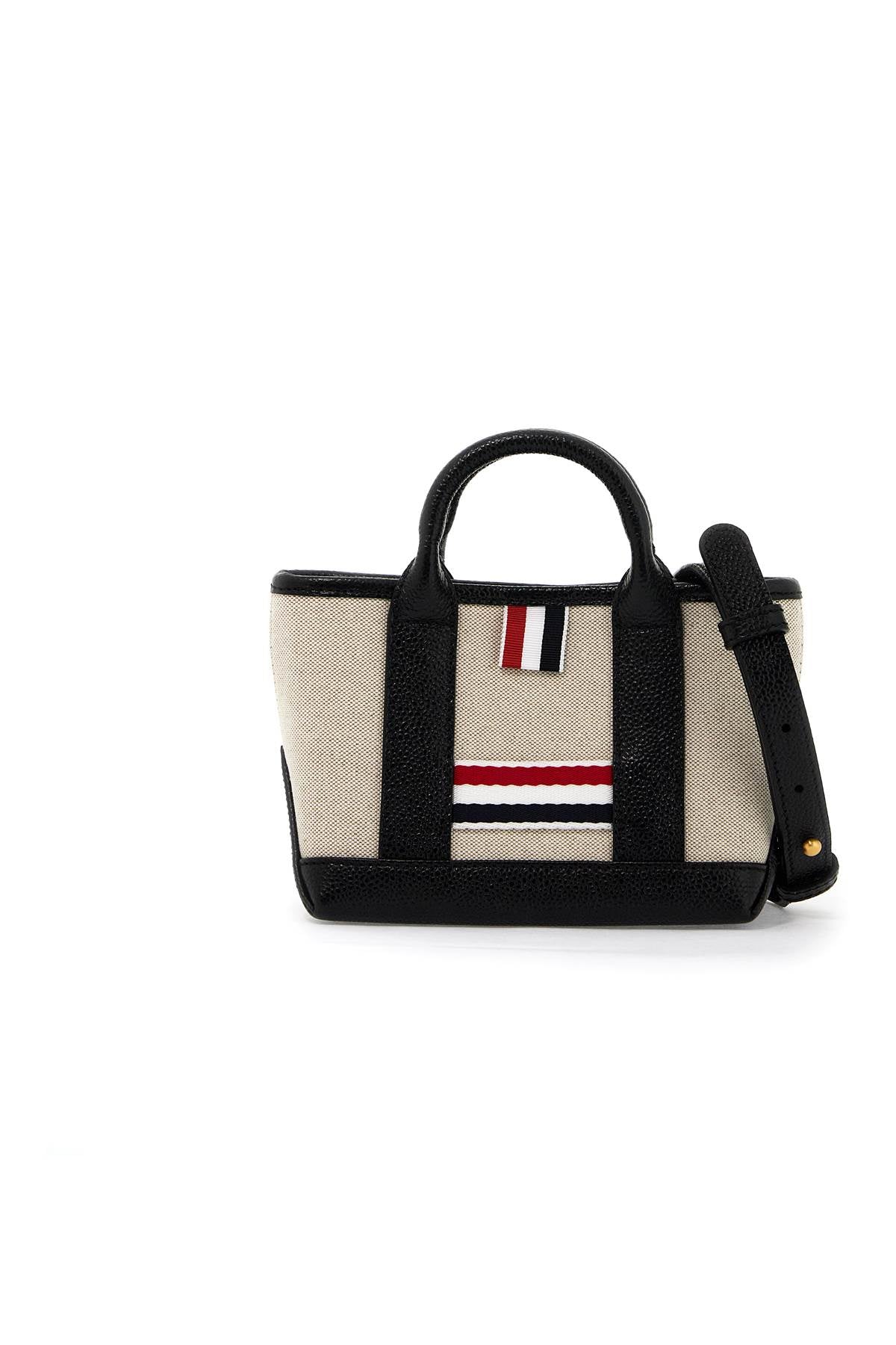 THOM BROWNE Mini Tricolor Ribbon Detailed Canvas & Leather Tote with Adjustable Strap
