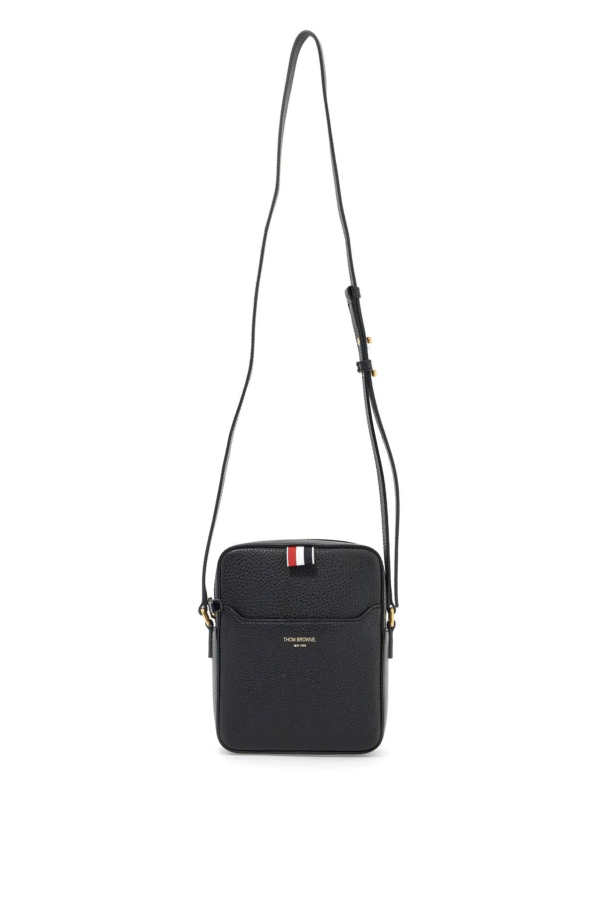 THOM BROWNE Vertical Camera Men's Handbag in Black Grained Leather with Iconic 4-Bar Detail