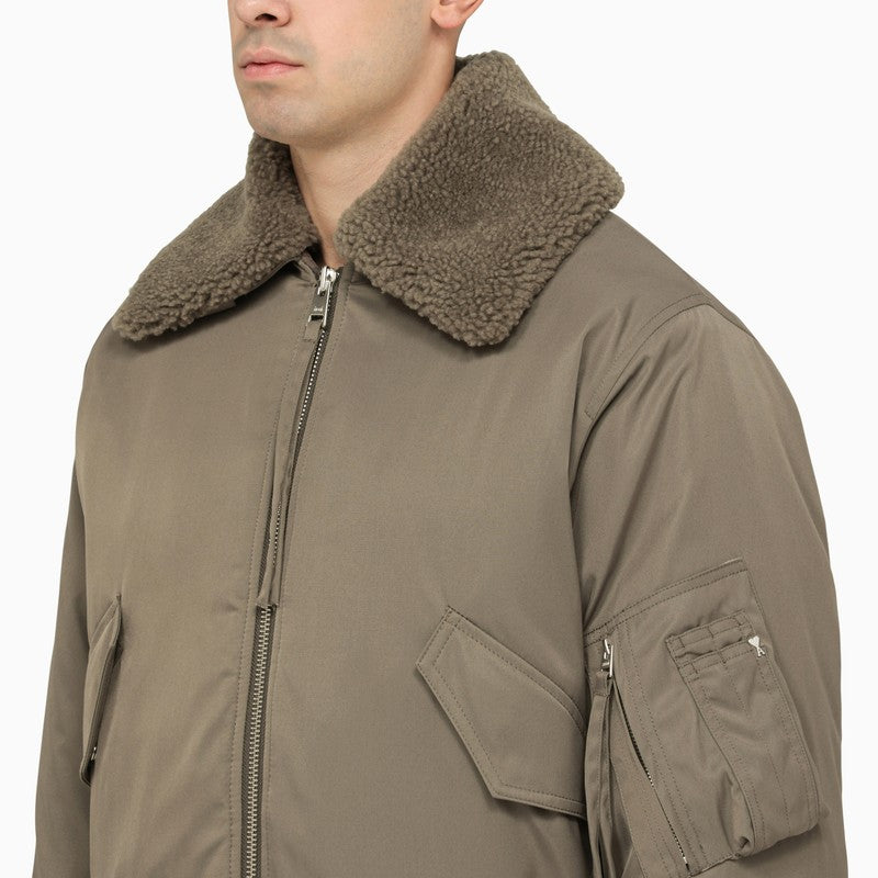 AMI PARIS FW23 Men's Taupe Bomber Jacket - Shearling Collar, Zip Fastening, and Multiple Pockets