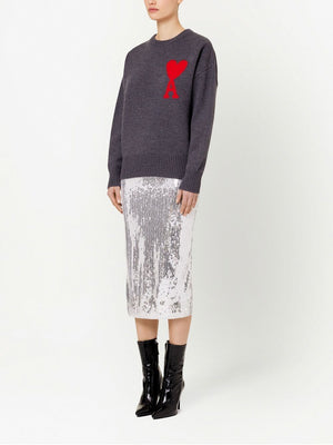 AMI PARIS Oversized ADC Crew Neck Wool Sweater in Grey-Red