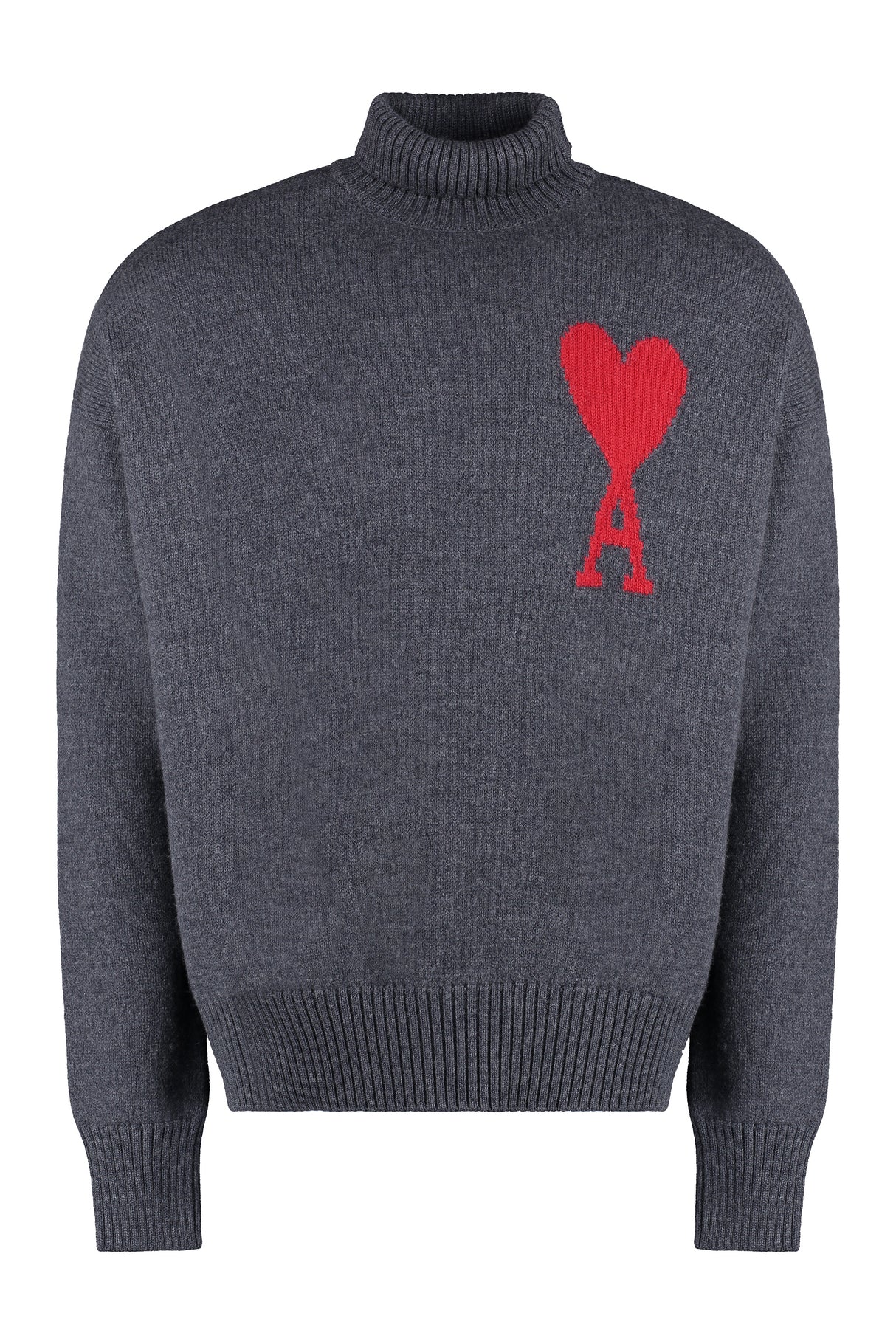 AMI PARIS Elegant Grey Turtleneck Sweater with Heart Motif