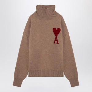 AMI PARIS Cozy Heart Motif Wool Turtleneck Sweater