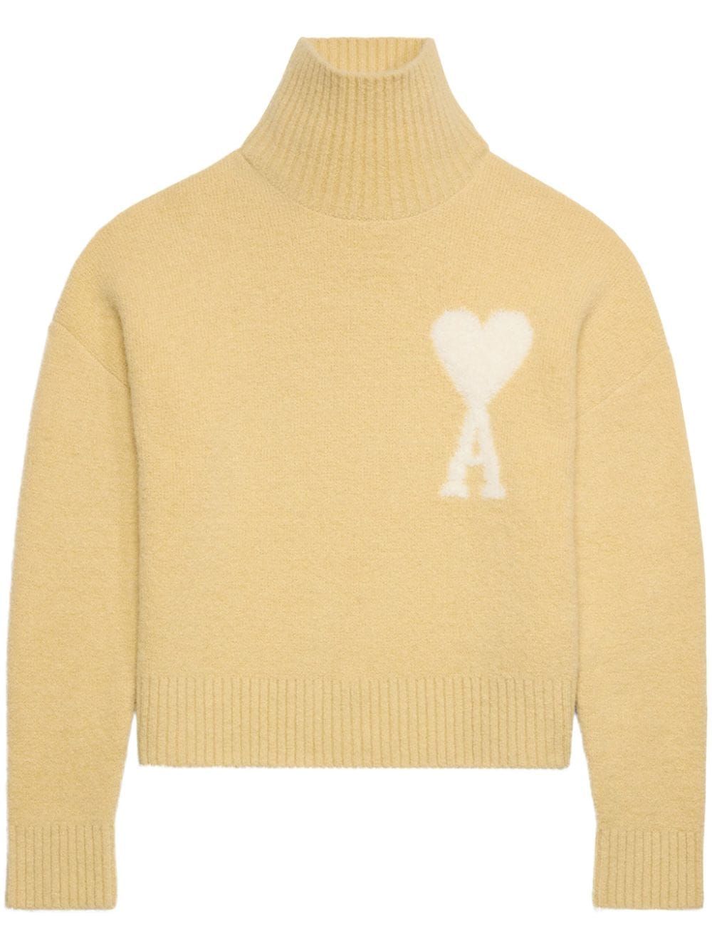 AMI PARIS Men's High-Neck Knit Sweater: Beige Alpaca Blend with Embroidered AMI of Coeur