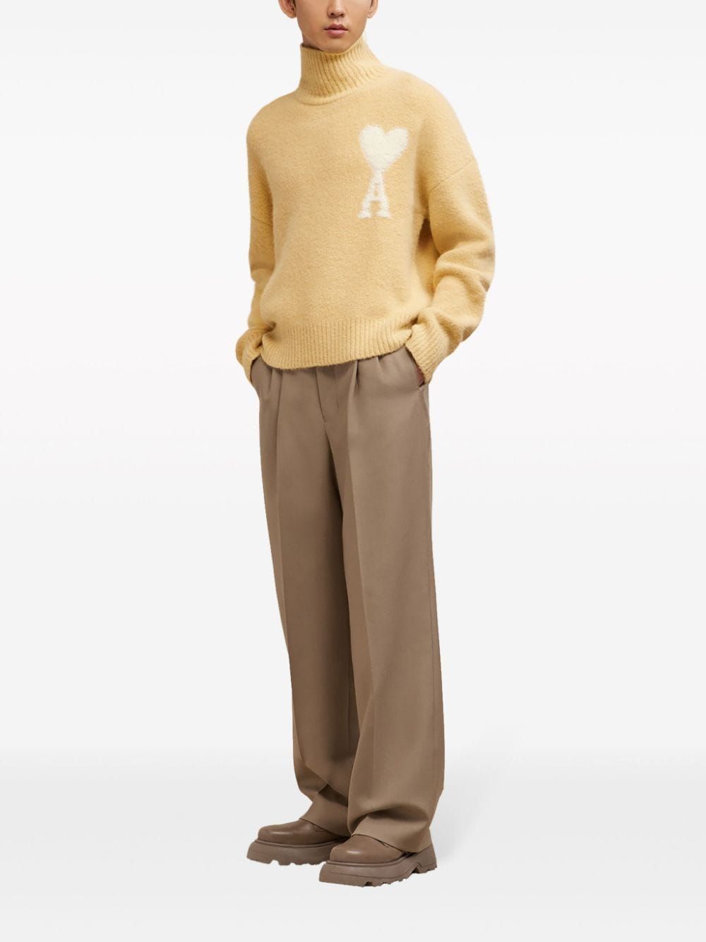 AMI PARIS Men's High-Neck Knit Sweater: Beige Alpaca Blend with Embroidered AMI of Coeur