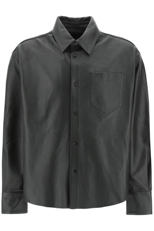 AMI PARIS Men's Black Leather Long Sleeved Shirt for SS24