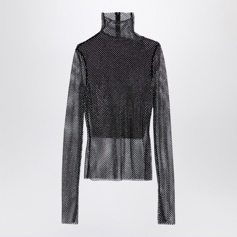 MAX MARA SPORTMAX Elegant Black Mesh Rhinestone Turtleneck Sweater