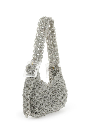 HIBOURAMA Mini Vannifique Silver Hand-Woven Clutch with Crystal Accents & Resin Buckle