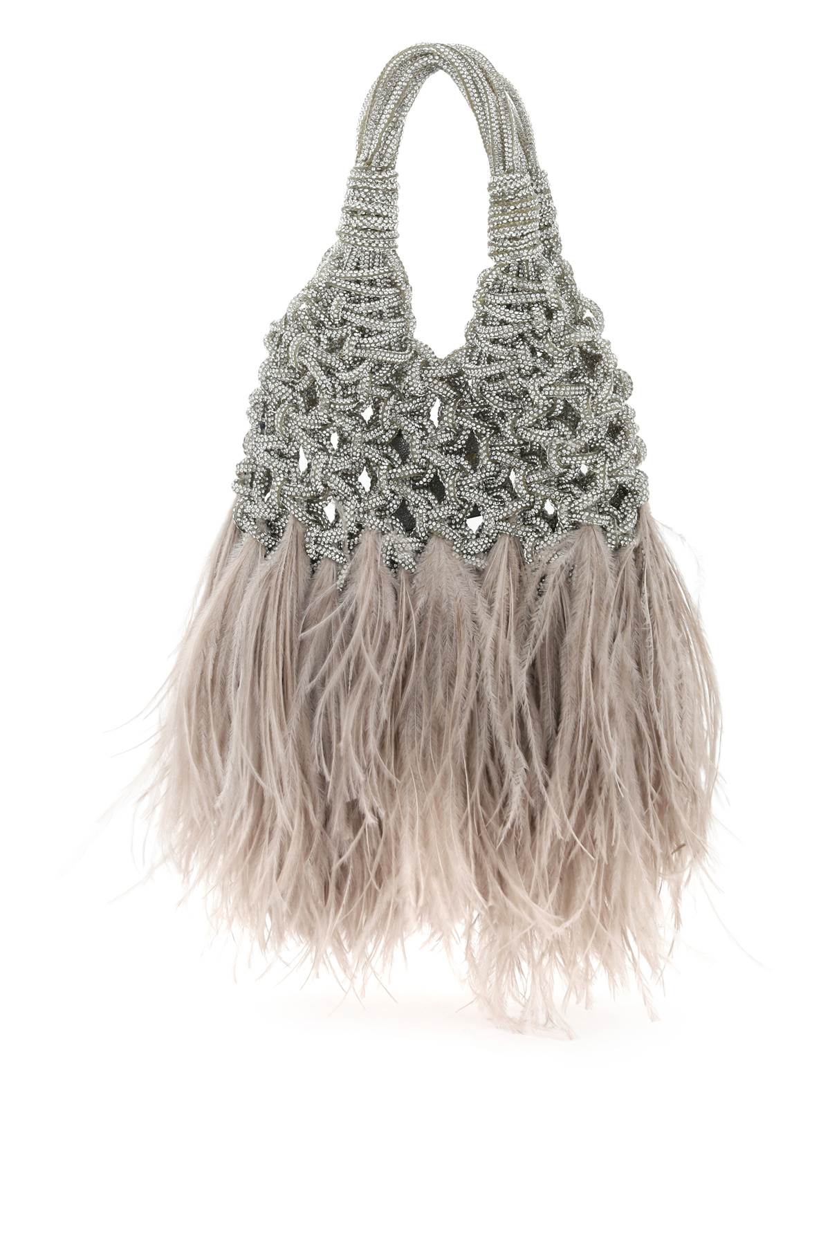 HIBOURAMA Silver Mini Vannifique Hand-Woven Clutch with Ostrich Feathers and Micro Crystals