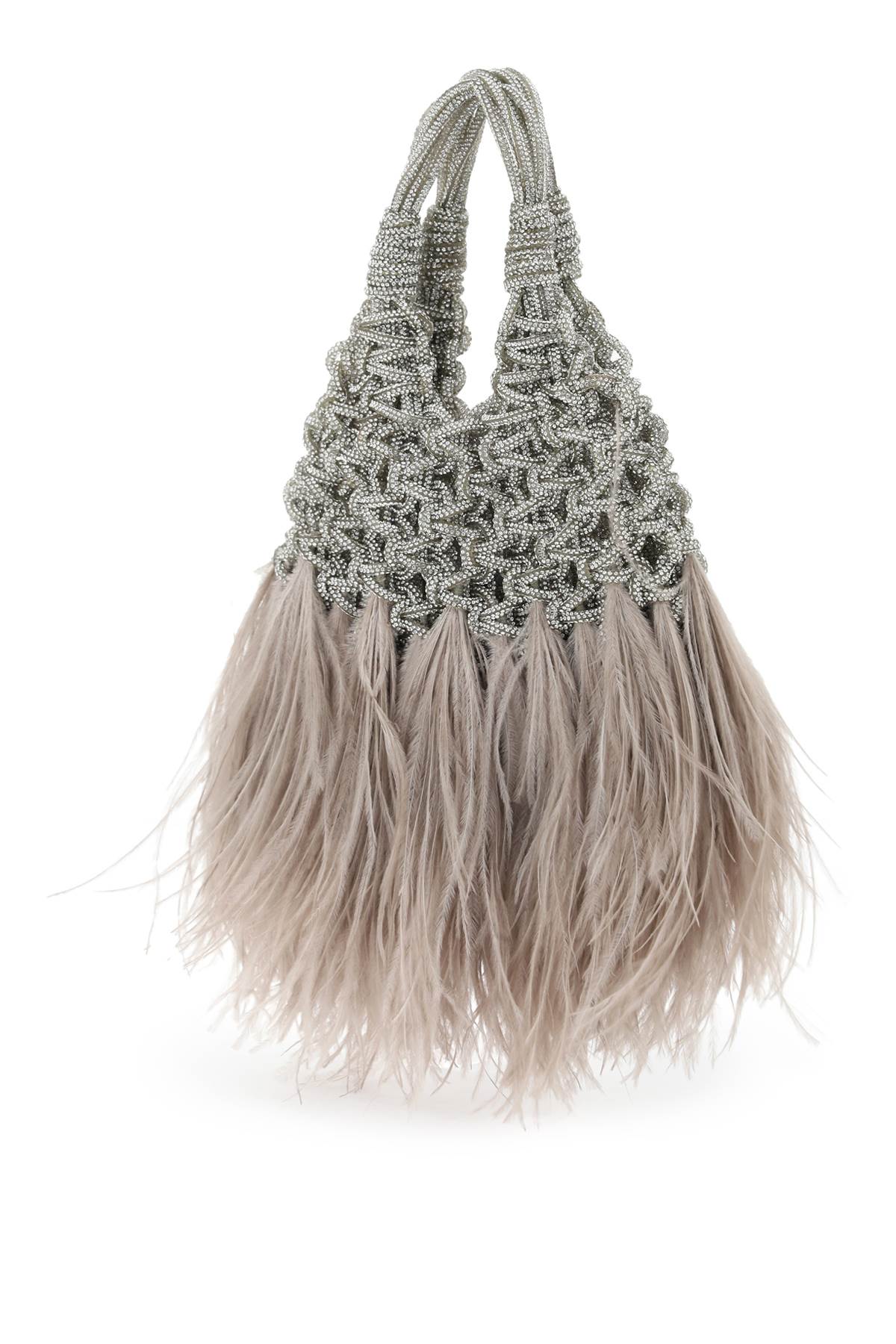 HIBOURAMA Silver Mini Vannifique Hand-Woven Clutch with Ostrich Feathers and Micro Crystals