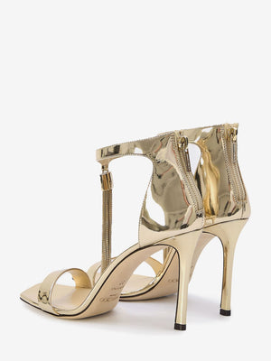 JIMMY CHOO Gold Metallic Tassel Sandals for Women with Square Toe and Stiletto Heel