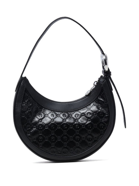 MARINE SERRE Black Mini Leather Crossbody Bag with Embossed Monogram and Moon Buckle