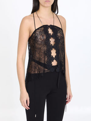 THE ATTICO Black Lace Top with Cut-Out Details, Crossover Straps and Adjustable Chain