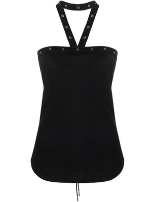 THE ATTICO Black Ribbed Cotton Halter Neck Top with Eyelet Detailing