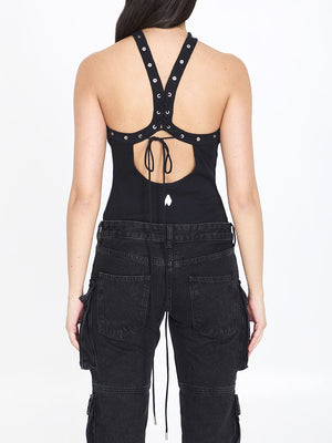 THE ATTICO Black Ribbed Cotton Halter Neck Top with Eyelet Detailing