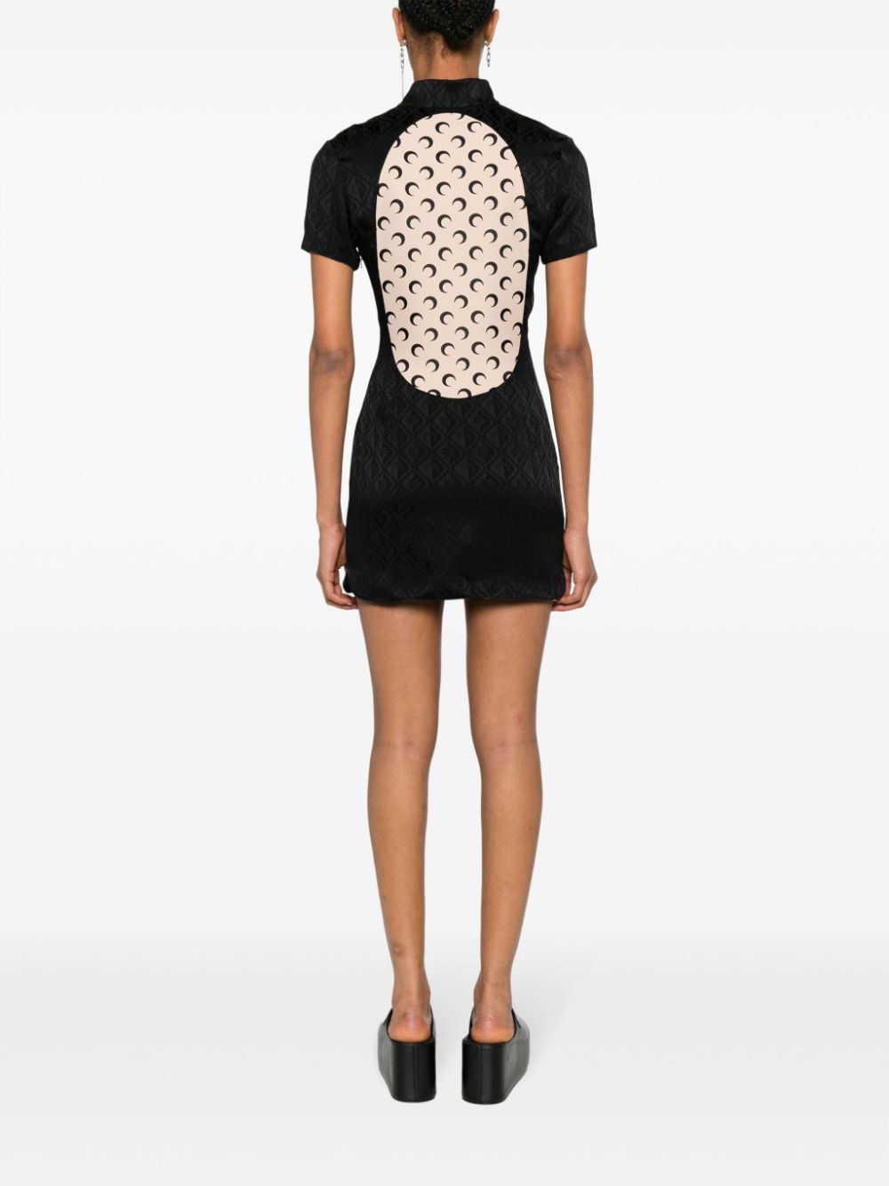 MARINE SERRE Black Jacquard Short Dress with Asymmetric Button Fastening and Contrasting Panel Detail