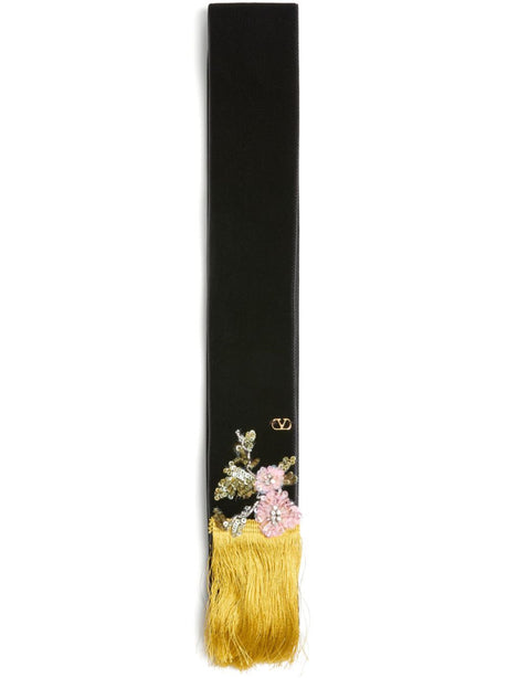 VALENTINO GARAVANI Embroidered Velvet Scarf with Floral Design and Fringe Detailing