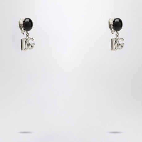 DOLCE & GABBANA Chic Black Earrings with Silver DG Logo Pendant