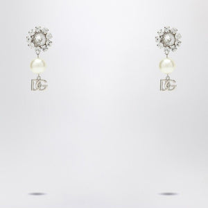 DOLCE & GABBANA Pearl & Silver Logo Pendant Earrings