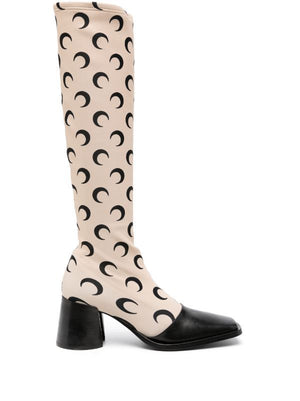 MARINE SERRE Beige Moonogram Pattern Women's Boots with 65mm Mid Block Heel