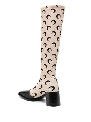 MARINE SERRE Beige Moonogram Pattern Women's Boots with 65mm Mid Block Heel
