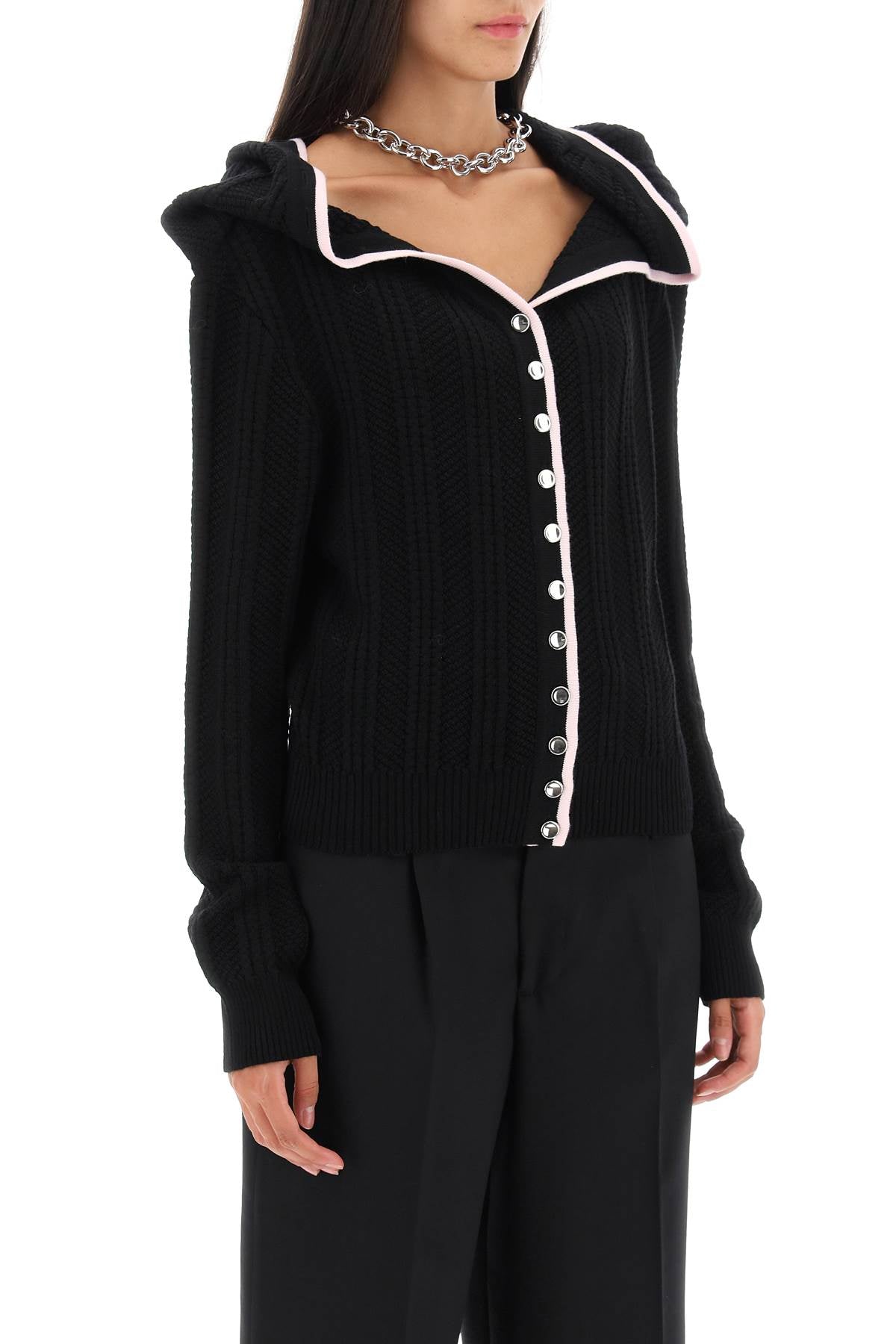 Y/PROJECT Black Merino Wool Cardigan with Ruffled Neckline and Chain Necklace for Women