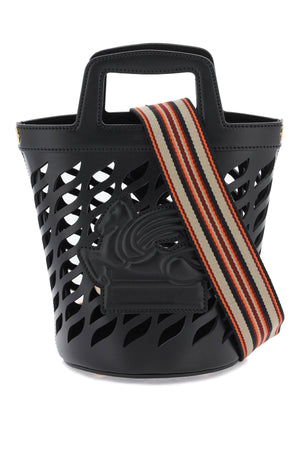 ETRO Black Laser-Cut Leather Bucket Handbag with Pegasus Applique