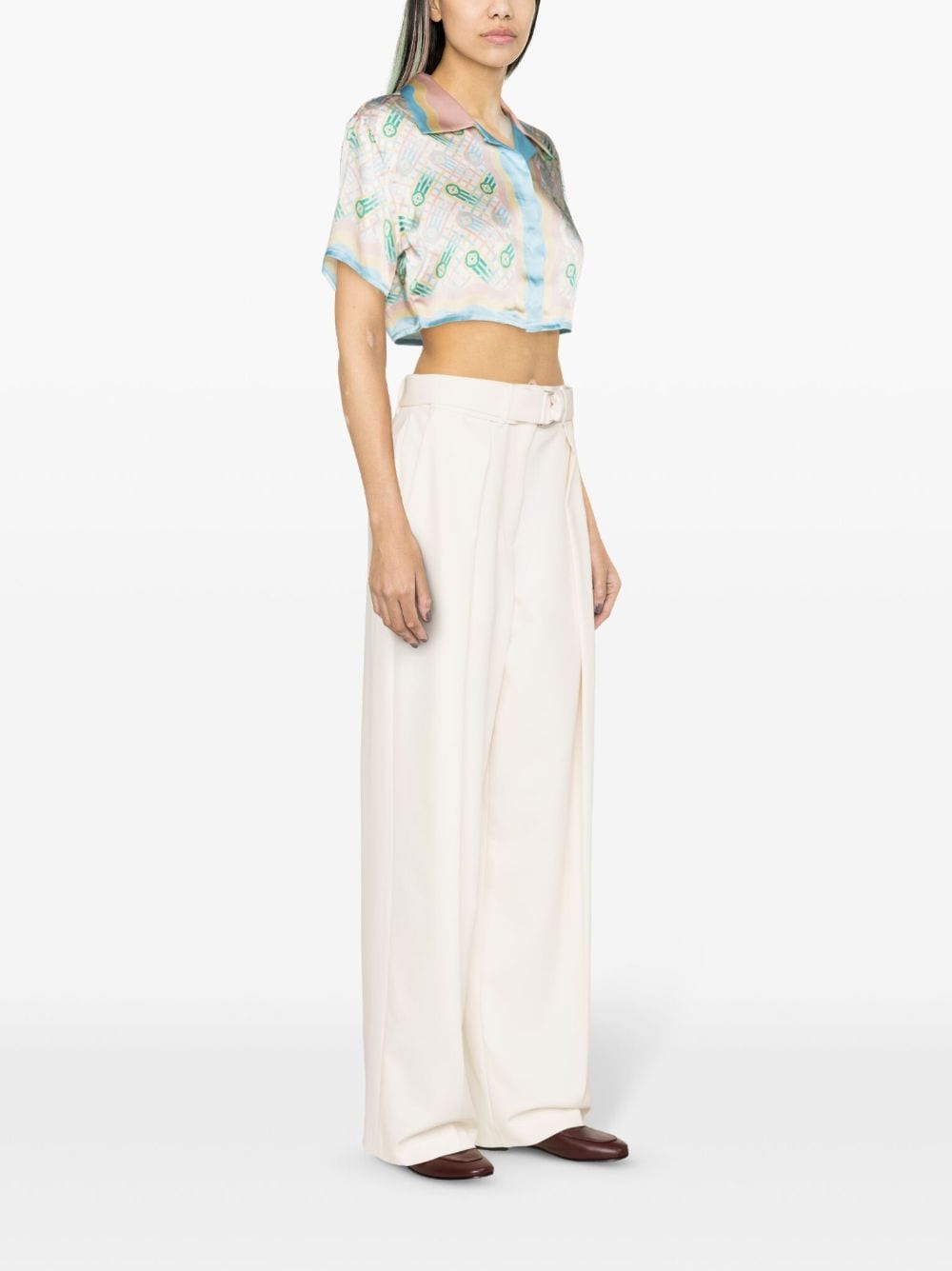 CASABLANCA Cuban Collar Cropped Silk Shirt with All-Over Graphic Print