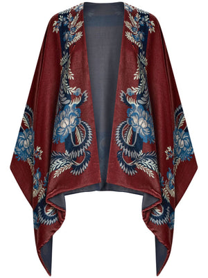 ETRO Printed Velvet Poncho with Handkerchief Hem and Long Sleeves