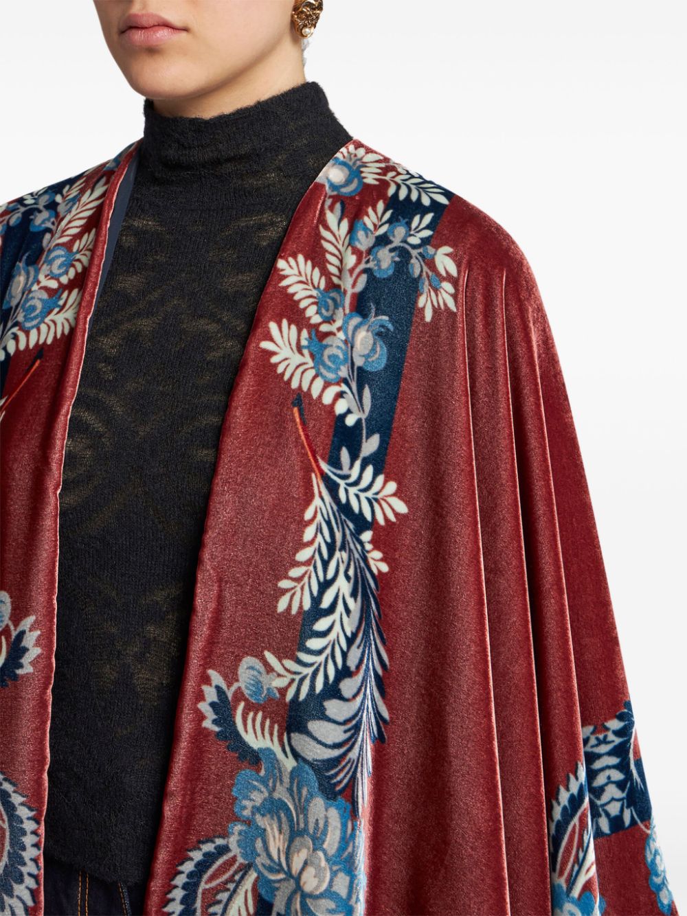 ETRO Printed Velvet Poncho with Handkerchief Hem and Long Sleeves