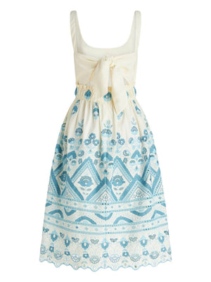 ETRO Blue and White Cotton Dress with Cut-Out Detailing and Tie Fastening