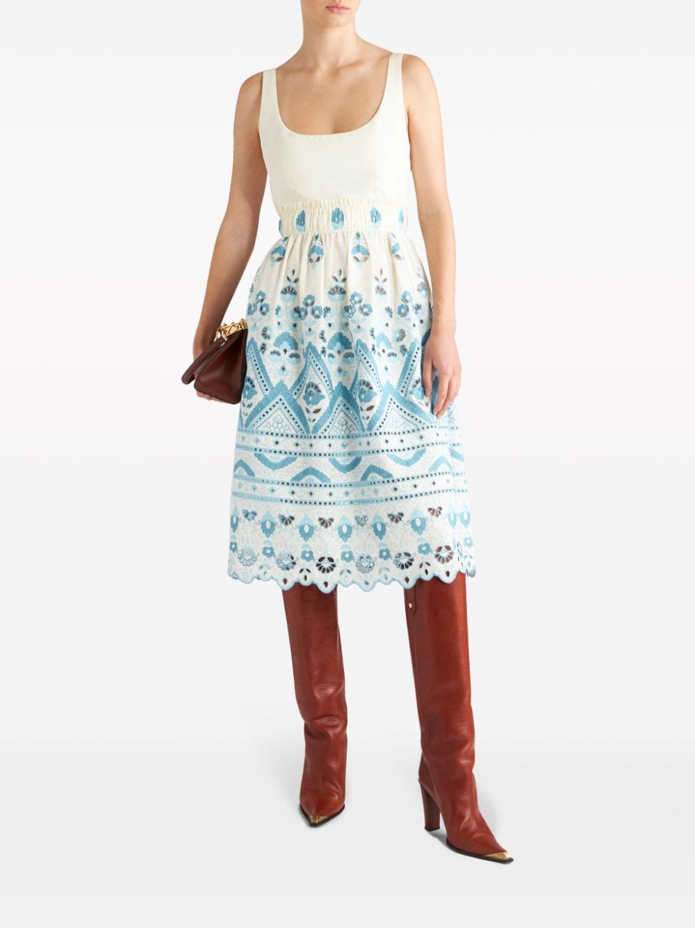 ETRO Chic Blue and White Cotton Blend Dress with Front Tie and Cut-Out Details