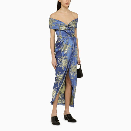 ETRO Floral Cocktail Dress with Open Shoulders and Draped Skirt
