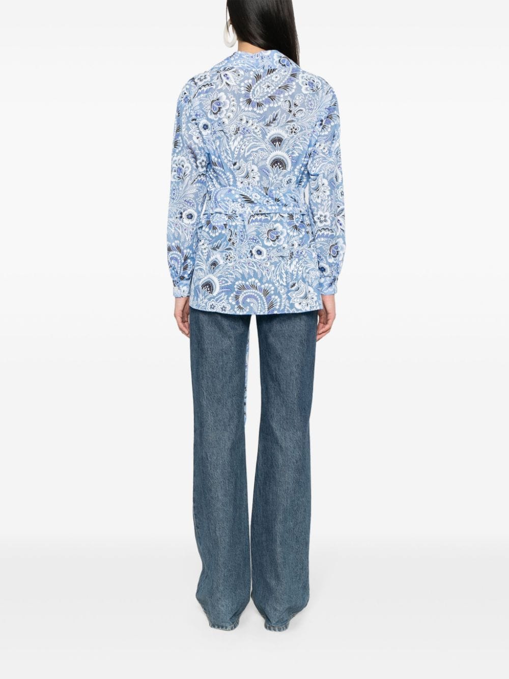 ETRO Blue Floral Print Wraparound Silk-Cotton Shirt for Women