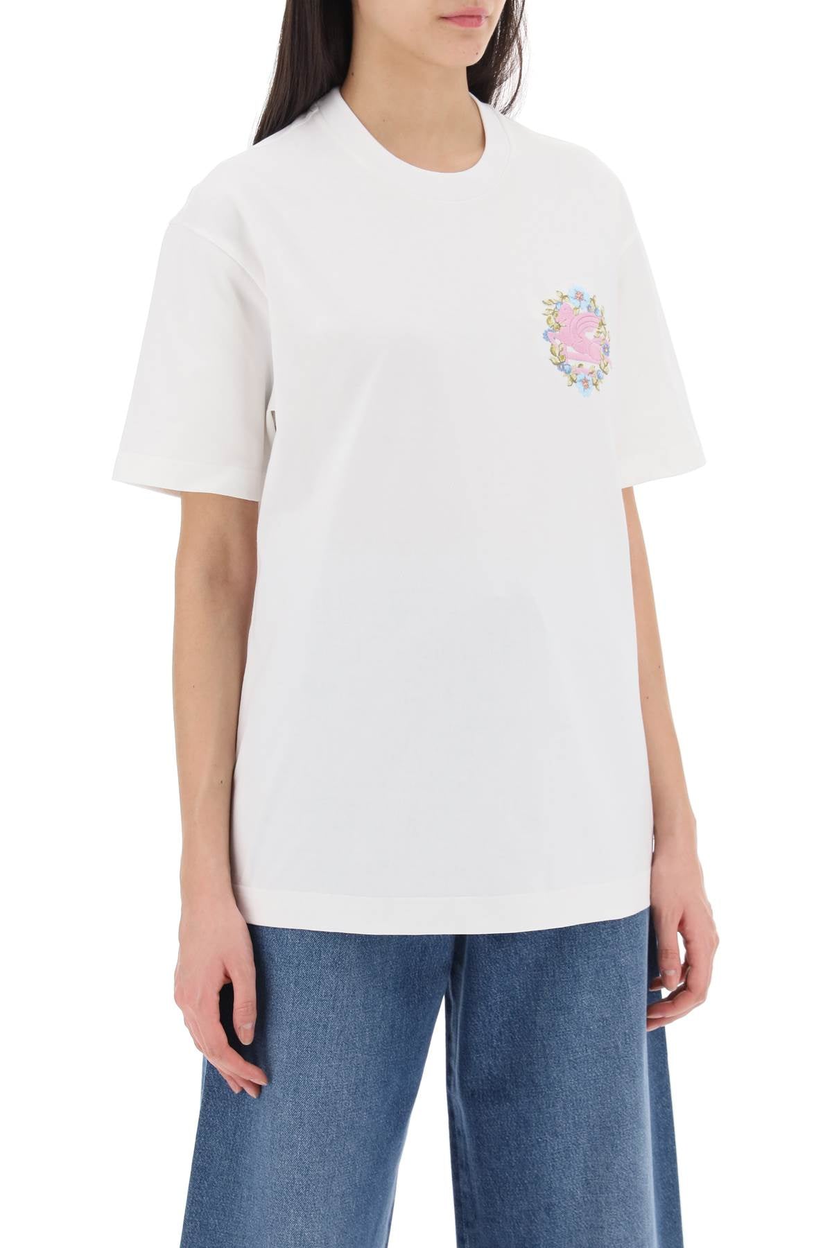 ETRO Floral Pegasus Embroidered Cotton T-Shirt for Women - White