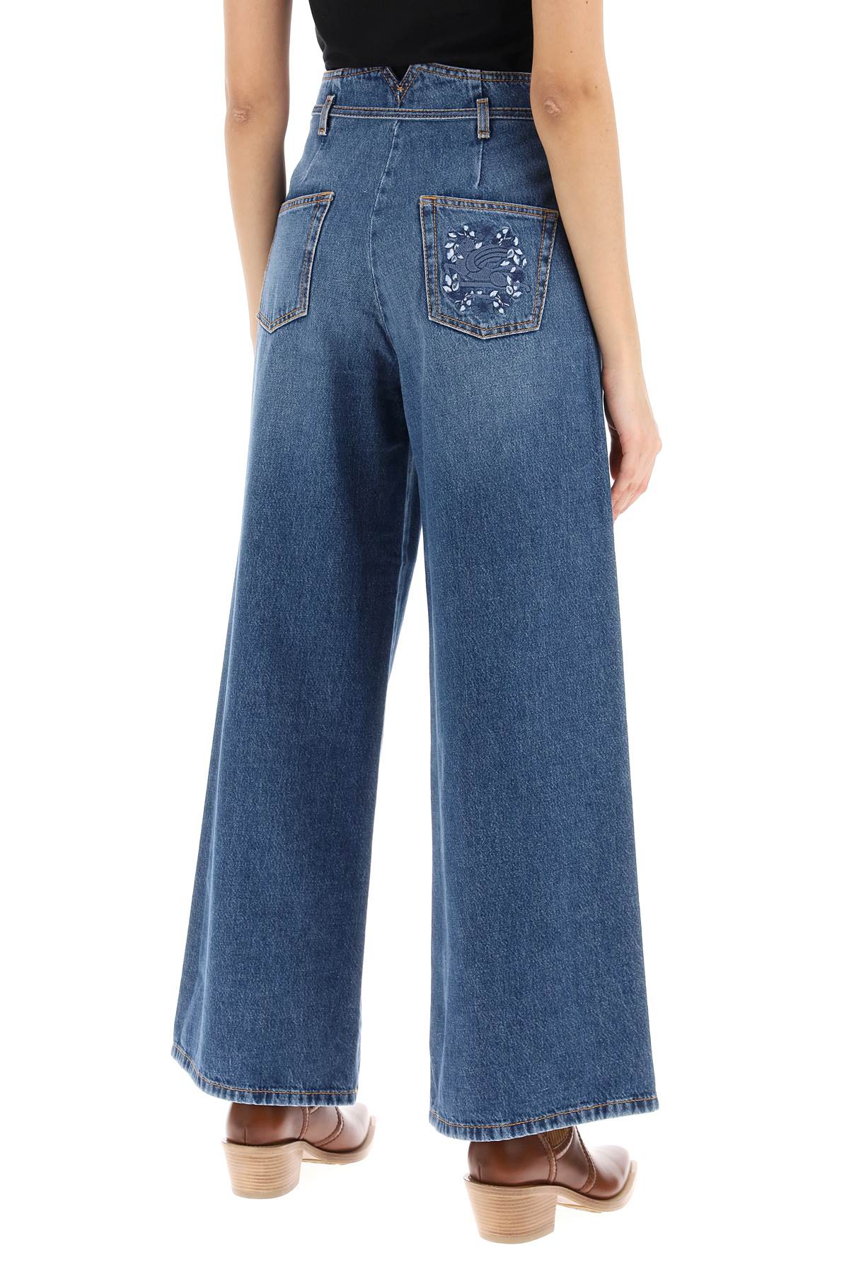 ETRO Navy Wide-Cut High-Waisted Jeans with Tie Belt and Pegasus Floral Embroidery