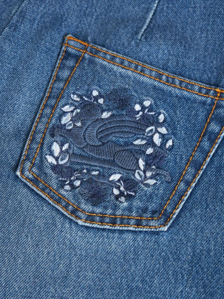 ETRO Blue Wide Leg Denim Jeans for Women - Floral Embroidered, Belted Waist