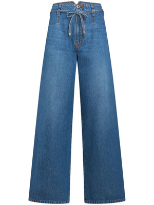 ETRO Blue Wide Leg Denim Jeans for Women - Floral Embroidered, Belted Waist