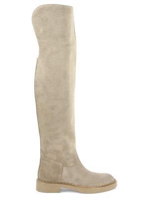 SANTONI Beige Leather Rider Boots for Women - FW23 Collection