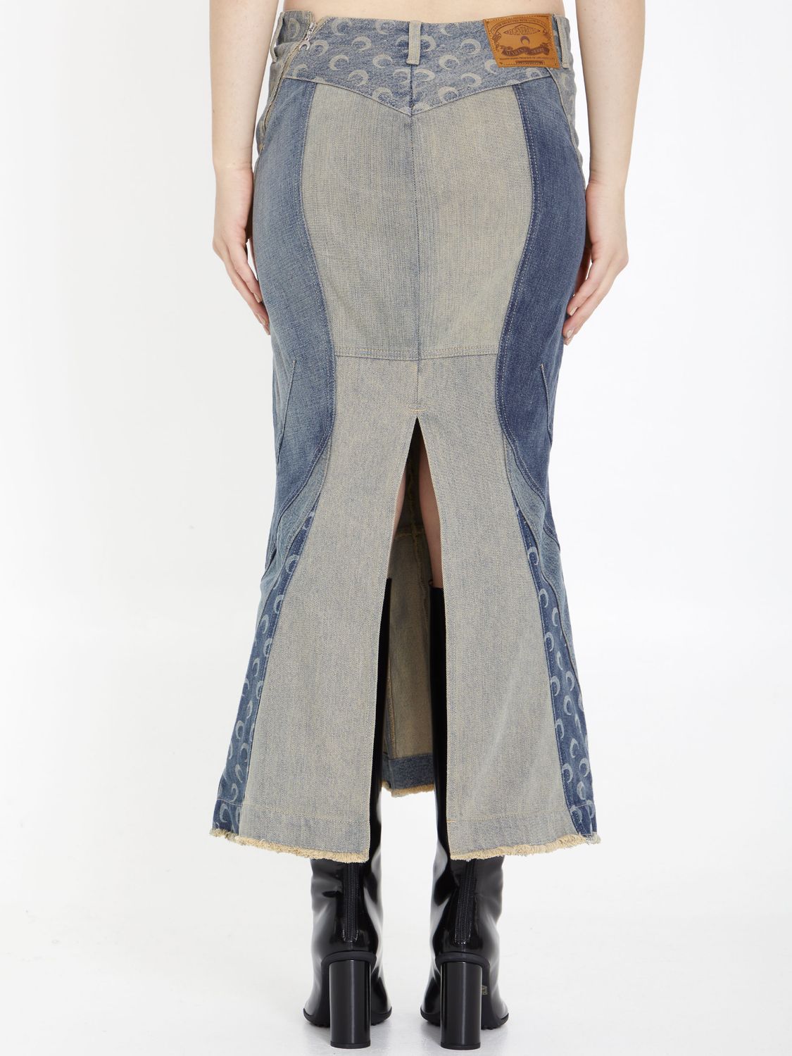 MARINE SERRE Grey Denim Flared Skirt with All Over Moon Print for Women