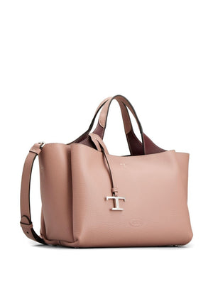 Túi xách tay túi da bò màu hồng nhạt trơn với dây đeo kim loại Logo và đường kim T-Logo