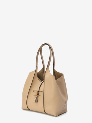 TOD'S Timeless Beige Mini Leather Shopper with Charm and Detachable Pouch, 29.5x25x14cm