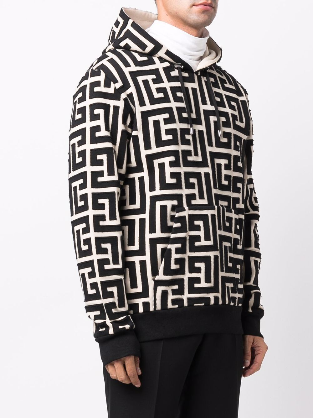 BALMAIN Men's Ivory and Black Monogram Cut Hoodie for SS22