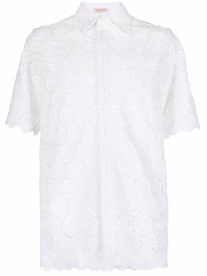 VALENTINO Mens Short-Sleeve Macrame Shirt in White for SS22 Collection