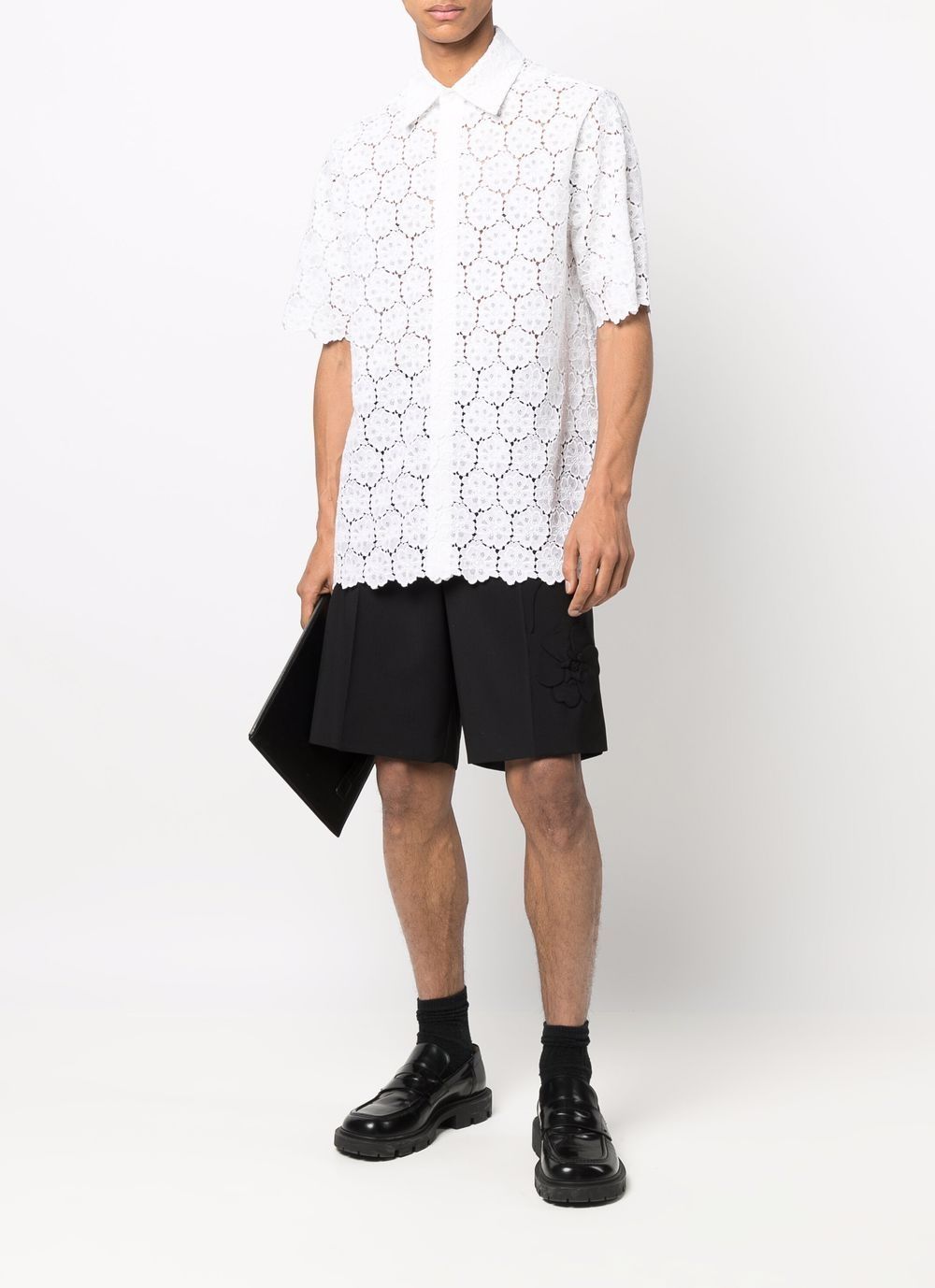 VALENTINO Mens Short-Sleeve Macrame Shirt in White for SS22 Collection