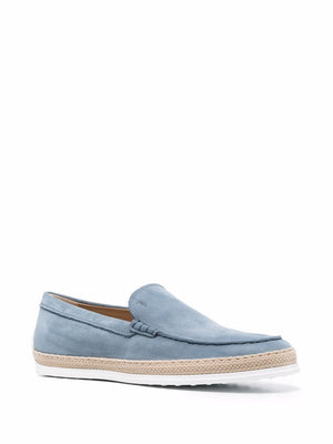 TOD'S Men's Light Blue Calfskin Loafers with Rubber and Rope Sole