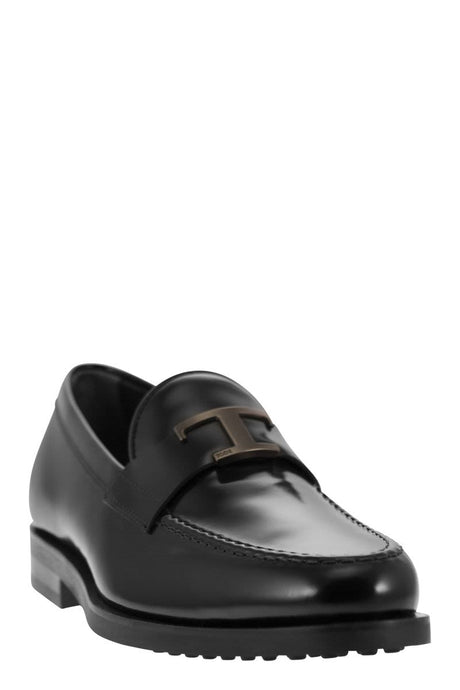 TOD'S Men's Black Semi-Gloss Leather Loafers with Iconic Metal T Accessory