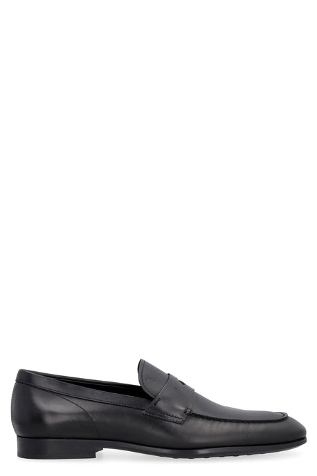 TOD'S Men's Black Leather Loafers with Visible Stitching and Penny Bar