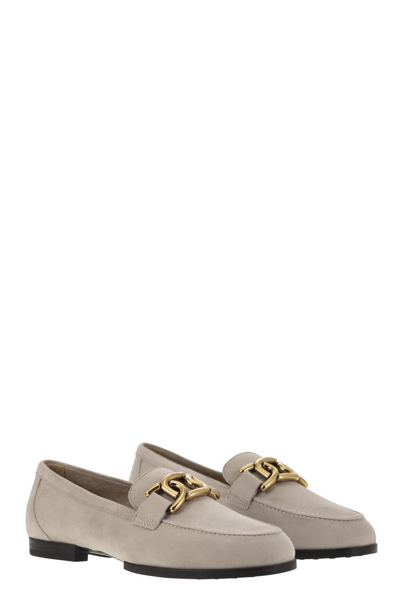 TOD'S Beige Suede Moccasins with Custom Metal Chain Accessory - Women's Shoes